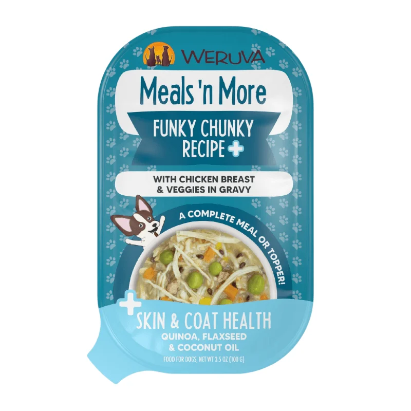 ---*(Best By 2025-03-31)* Wet Dog Food - Meals' n More - Funky Chunky Recipe + Skin & Coat Health - 3.5 oz cup