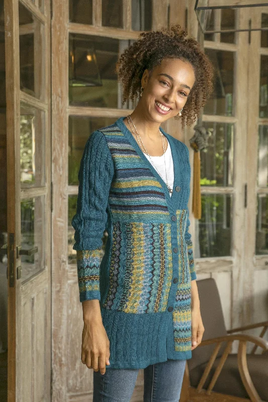 - ​​Christmas pet Christmas clothingPatchwork in Teal Cable Knit 100% Alpaca Cardigan in Teal from Peru