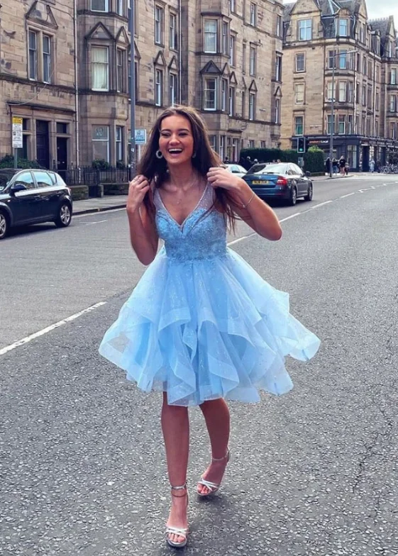 blue tulle lace homecoming dress   cg11508